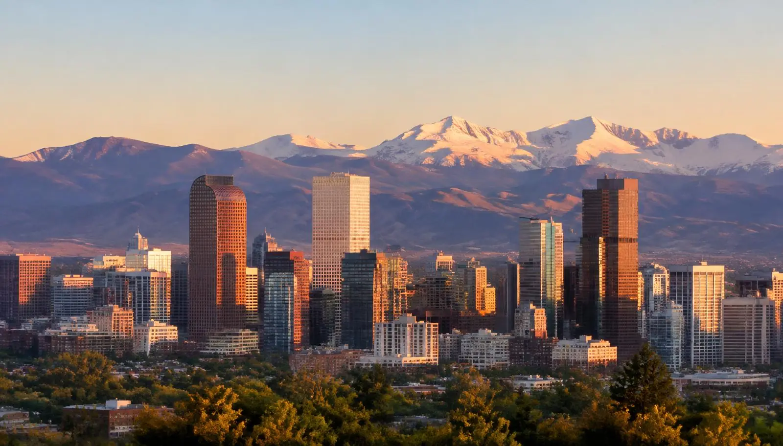 Denver skyline with the Rocky Mountains