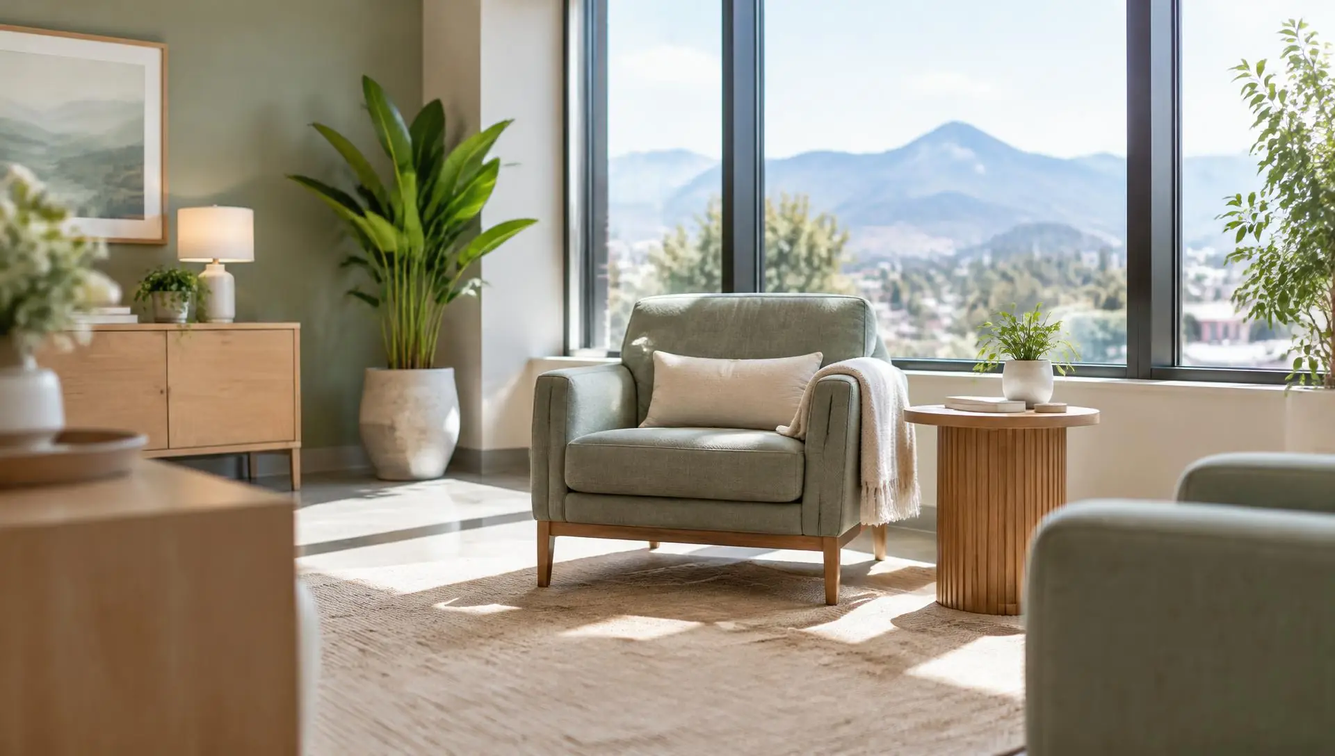 Bright, calm clinic lounge with an armchair and mountain view